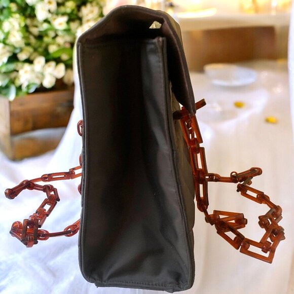 Vintage Brown Quilted Nylon Shoulder Handbag Plastic Chain Handles New - Picture 13 of 13